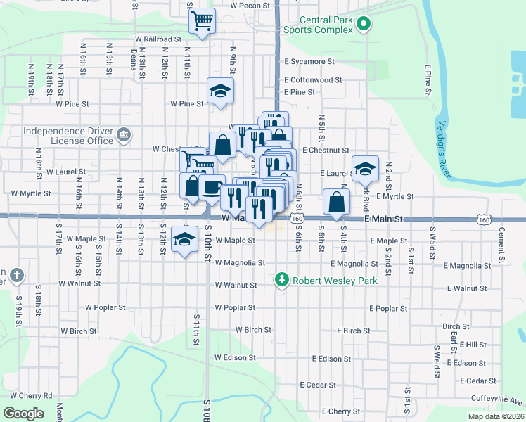 map of restaurants, bars, coffee shops, grocery stores, and more near 120 North 8th Street in Independence
