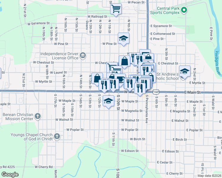 map of restaurants, bars, coffee shops, grocery stores, and more near 401 West Myrtle Street in Independence
