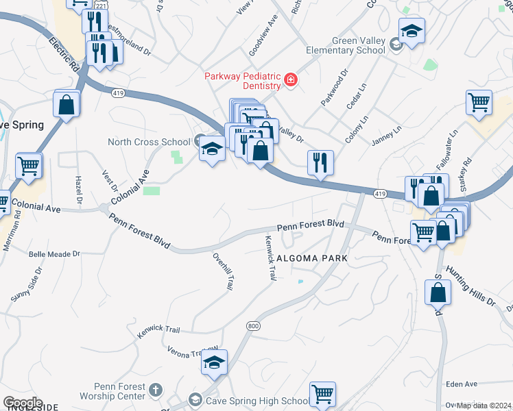 map of restaurants, bars, coffee shops, grocery stores, and more near 3123 Glenmont Drive in Cave Spring