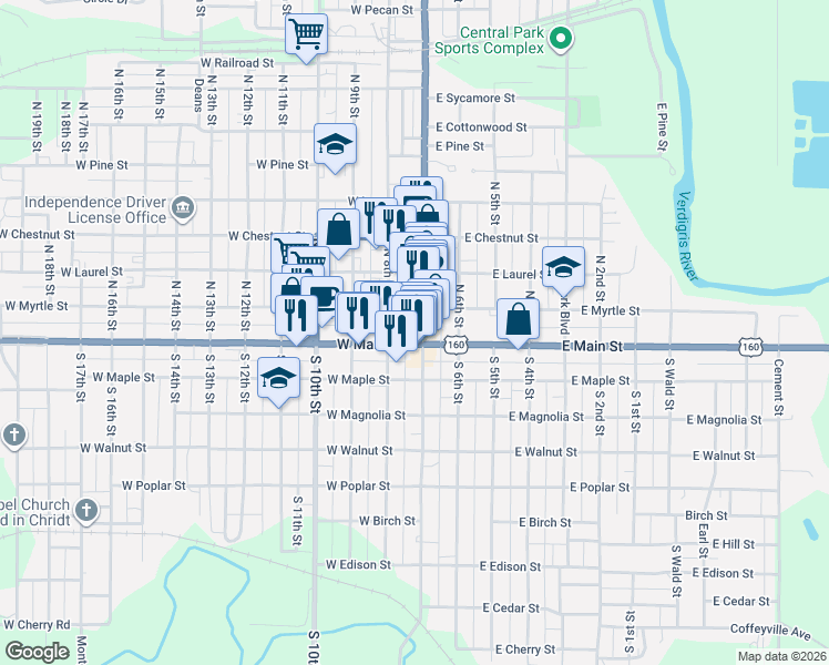 map of restaurants, bars, coffee shops, grocery stores, and more near 120 North 8th Street in Independence