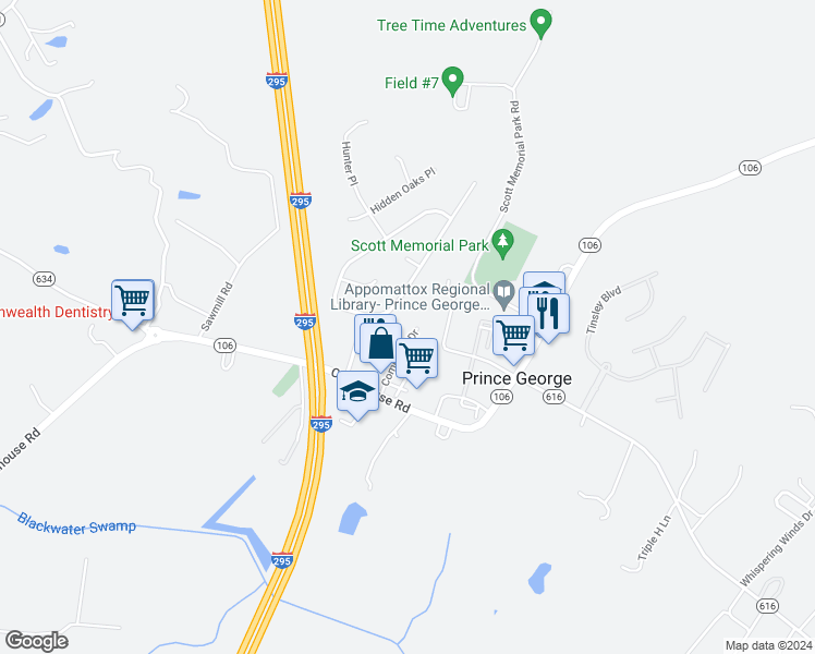 map of restaurants, bars, coffee shops, grocery stores, and more near 6529 Commons Drive in Prince George
