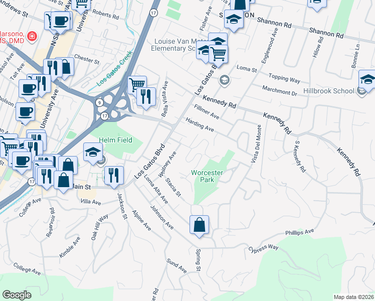 map of restaurants, bars, coffee shops, grocery stores, and more near 142 Wheeler Avenue in Los Gatos