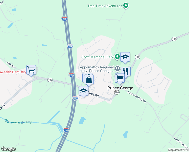 map of restaurants, bars, coffee shops, grocery stores, and more near 104 Hollyberry Lane in Prince George