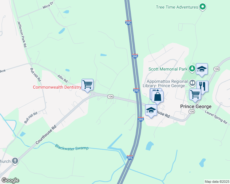 map of restaurants, bars, coffee shops, grocery stores, and more near 5910 Courthouse Road in Prince George