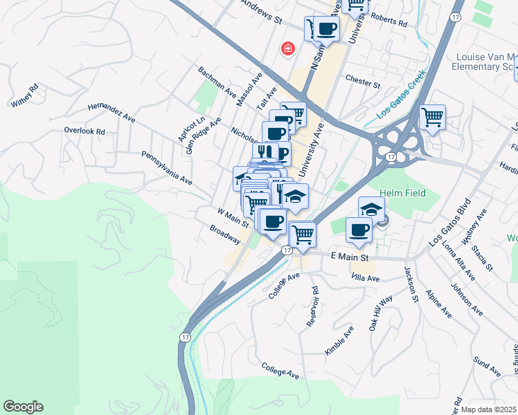 map of restaurants, bars, coffee shops, grocery stores, and more near 53 North Santa Cruz Avenue in Los Gatos