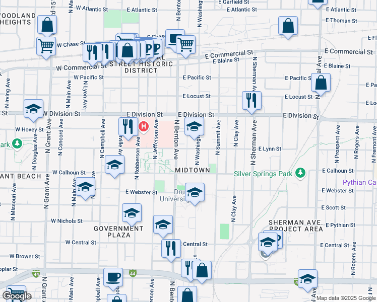 map of restaurants, bars, coffee shops, grocery stores, and more near 501-599 East Lynn Street in Springfield