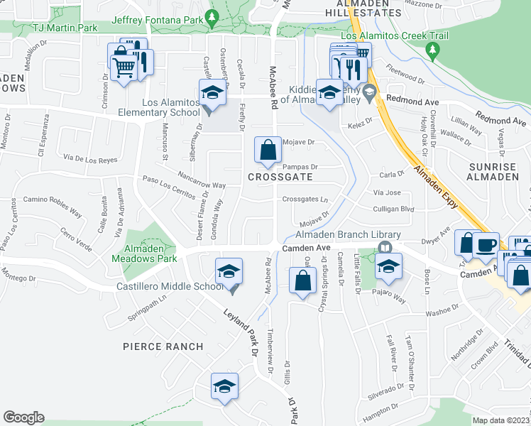 map of restaurants, bars, coffee shops, grocery stores, and more near 6407 Berwickshire Way in San Jose