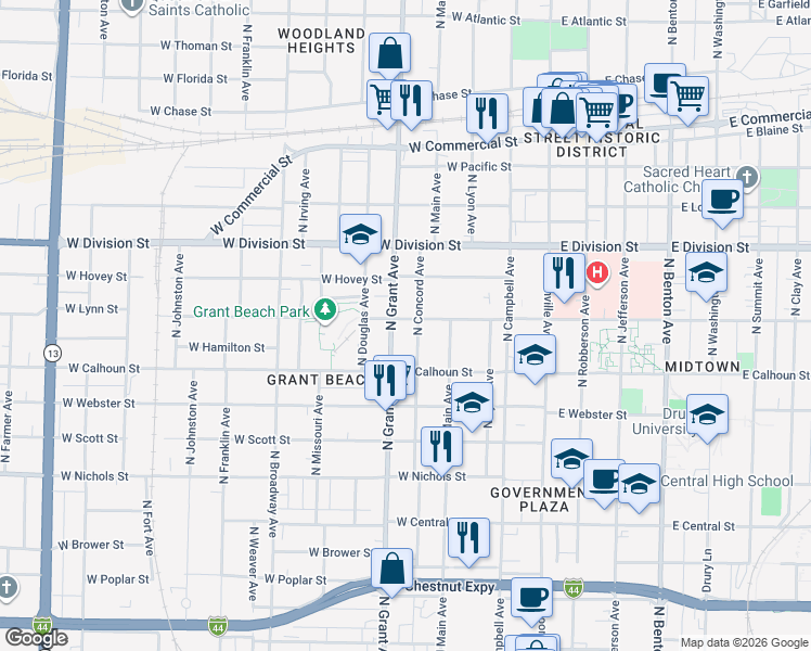 map of restaurants, bars, coffee shops, grocery stores, and more near in Springfield