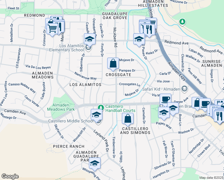 map of restaurants, bars, coffee shops, grocery stores, and more near 6407 Berwickshire Way in San Jose