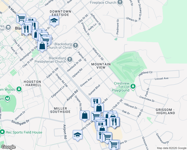 map of restaurants, bars, coffee shops, grocery stores, and more near 323 Graves Avenue in Blacksburg