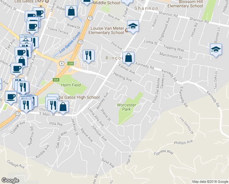 map of restaurants, bars, coffee shops, grocery stores, and more near 142 Wheeler Avenue in Los Gatos