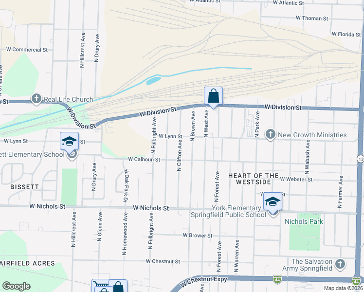 map of restaurants, bars, coffee shops, grocery stores, and more near 1347 North Brown Avenue in Springfield
