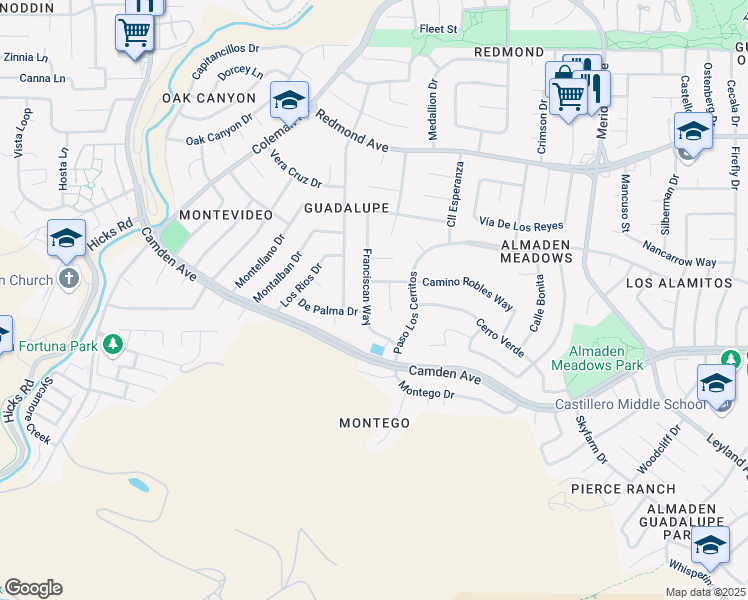map of restaurants, bars, coffee shops, grocery stores, and more near 6192 Franciscan Way in San Jose