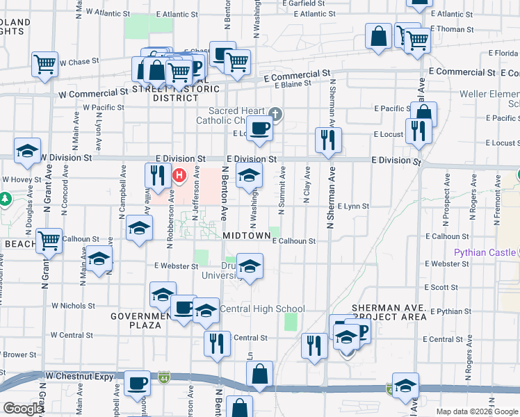 map of restaurants, bars, coffee shops, grocery stores, and more near 1406 North Washington Avenue in Springfield