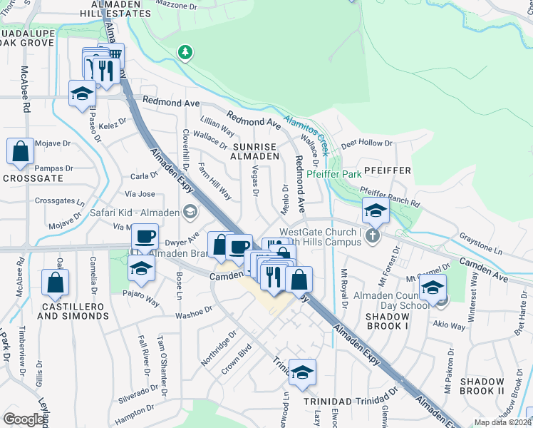 map of restaurants, bars, coffee shops, grocery stores, and more near 6408 Tamalpais Avenue in San Jose