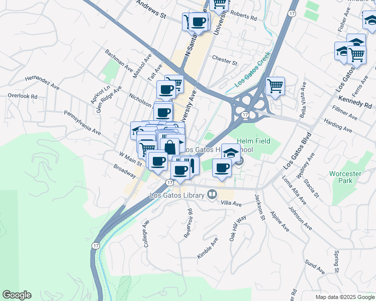 map of restaurants, bars, coffee shops, grocery stores, and more near 124 Edelen Avenue in Los Gatos