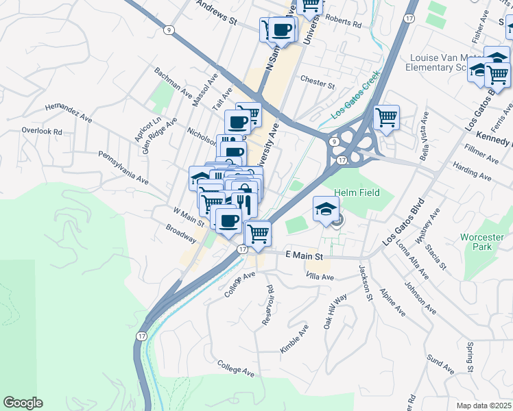 map of restaurants, bars, coffee shops, grocery stores, and more near 106 University Avenue in Los Gatos