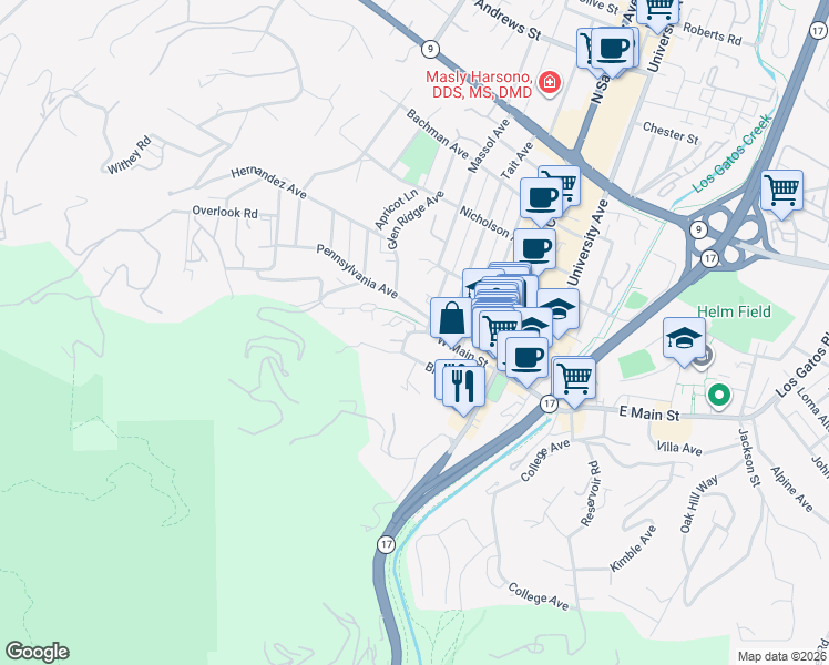 map of restaurants, bars, coffee shops, grocery stores, and more near 1 Bayview Avenue in Los Gatos