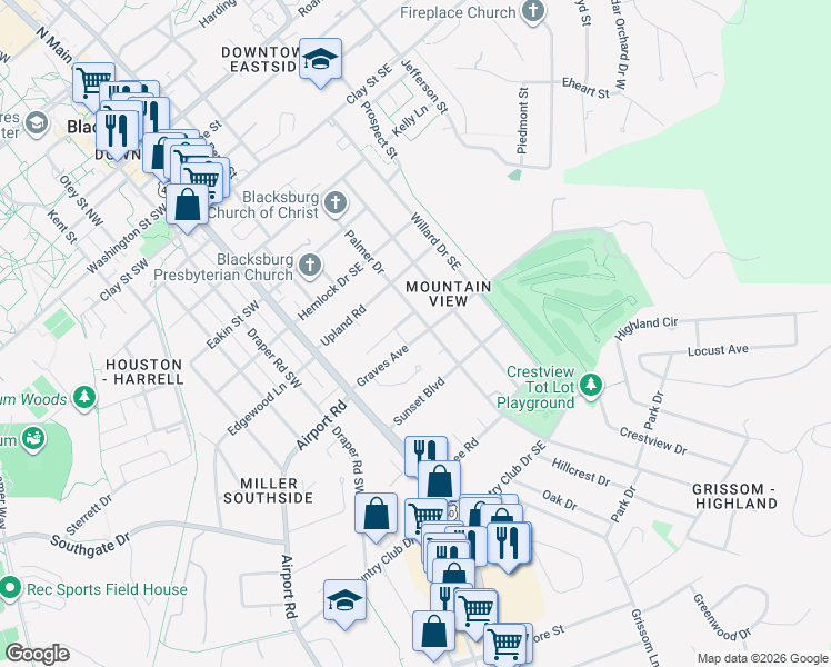 map of restaurants, bars, coffee shops, grocery stores, and more near 323 Graves Avenue in Blacksburg
