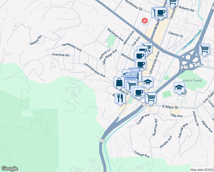 map of restaurants, bars, coffee shops, grocery stores, and more near 1 Bayview Avenue in Los Gatos