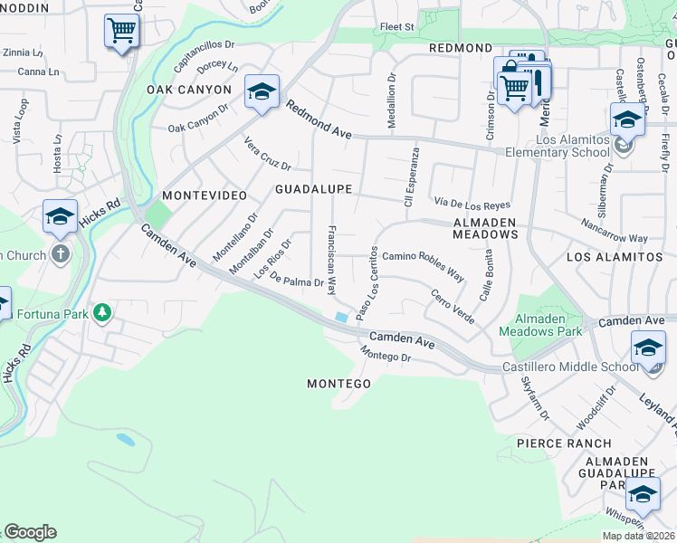 map of restaurants, bars, coffee shops, grocery stores, and more near 6192 Franciscan Way in San Jose