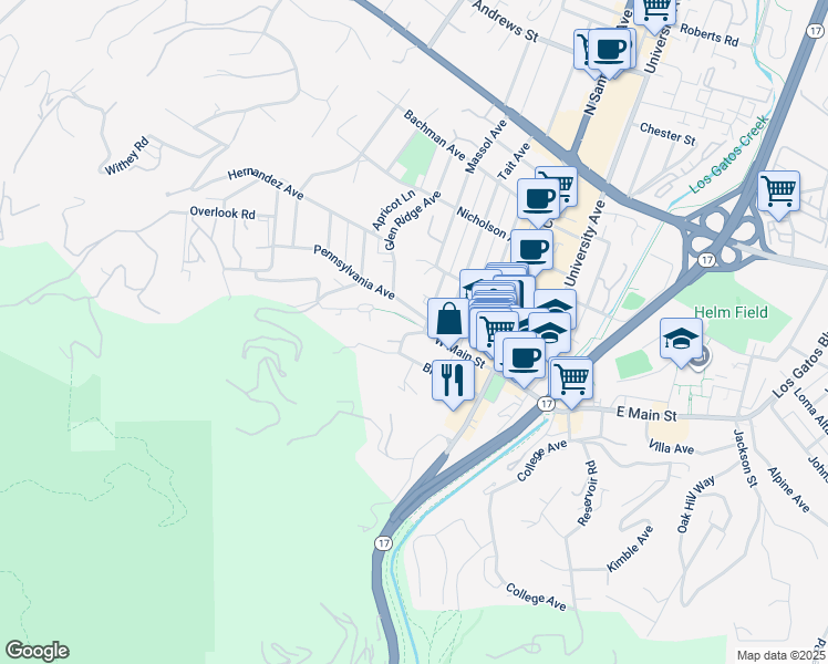 map of restaurants, bars, coffee shops, grocery stores, and more near 346 West Main Street in Los Gatos