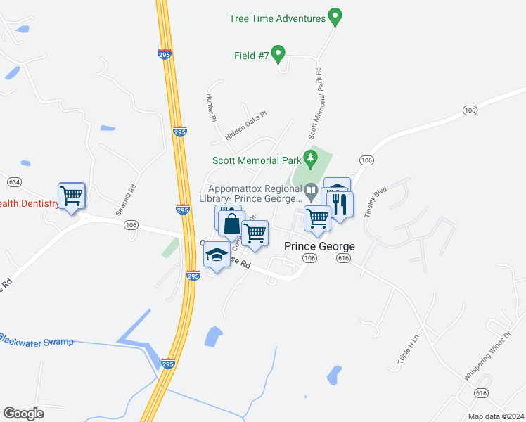 map of restaurants, bars, coffee shops, grocery stores, and more near 6516 Commons Drive in Prince George