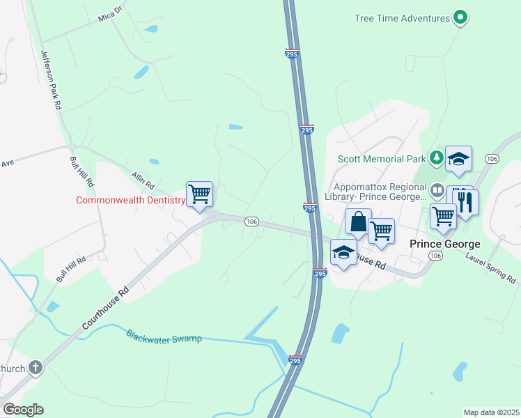 map of restaurants, bars, coffee shops, grocery stores, and more near 5910 Courthouse Road in Prince George