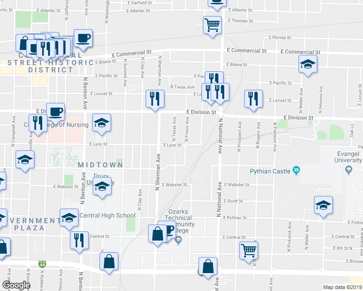 map of restaurants, bars, coffee shops, grocery stores, and more near 1018 East Lynn Street in Springfield