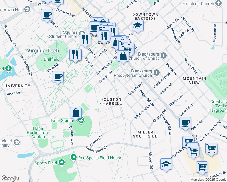 map of restaurants, bars, coffee shops, grocery stores, and more near 500 Harrell Street in Blacksburg