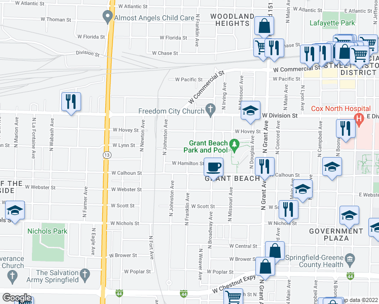 map of restaurants, bars, coffee shops, grocery stores, and more near 1106 West Lynn Street in Springfield