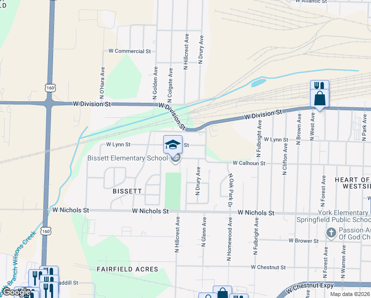 map of restaurants, bars, coffee shops, grocery stores, and more near 2931-2939 West Lynn Street in Springfield