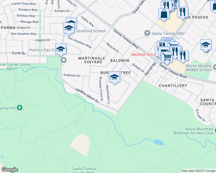 map of restaurants, bars, coffee shops, grocery stores, and more near 280 Martinvale Lane in San Jose