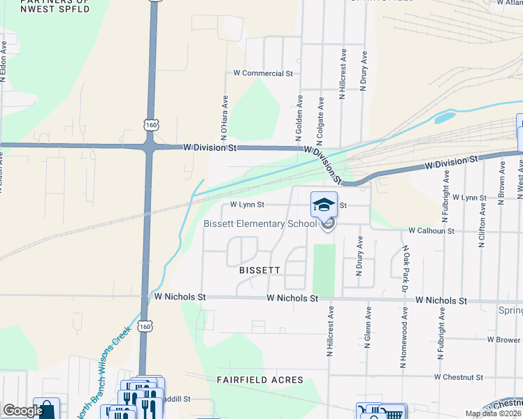 map of restaurants, bars, coffee shops, grocery stores, and more near 1324-1398 N O'Hara Ave in Springfield
