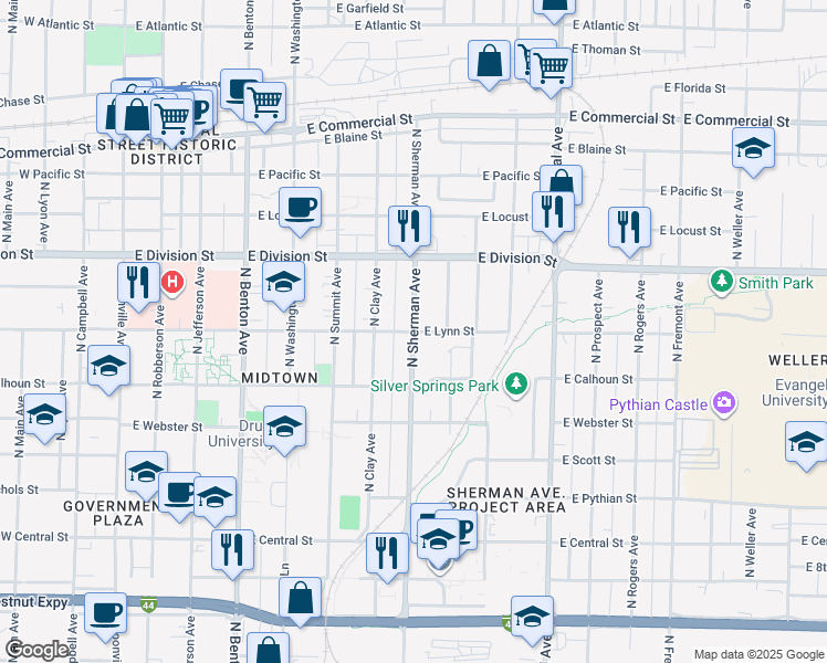 map of restaurants, bars, coffee shops, grocery stores, and more near 901 East Lynn Street in Springfield