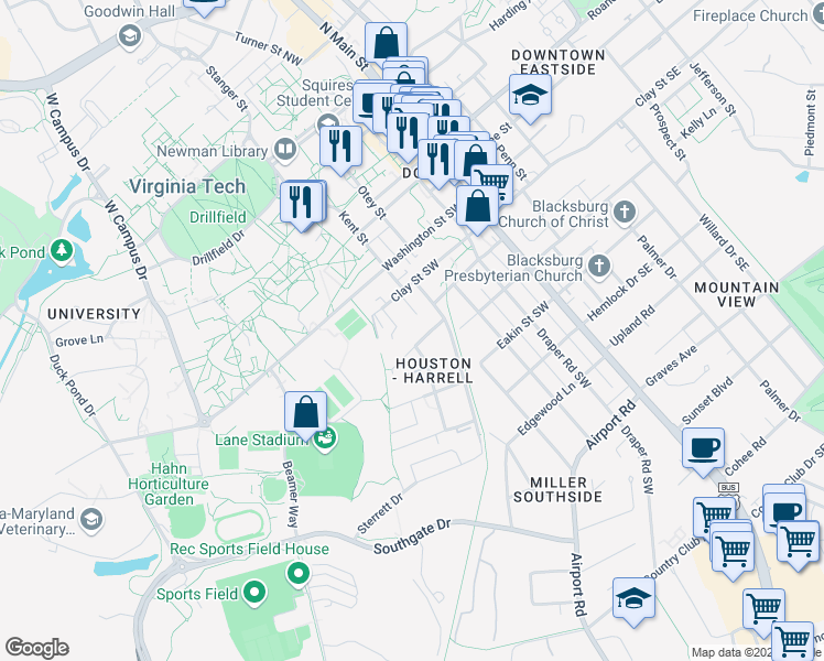 map of restaurants, bars, coffee shops, grocery stores, and more near 403 Ingles Court in Blacksburg