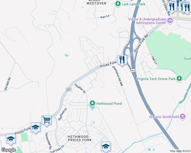 map of restaurants, bars, coffee shops, grocery stores, and more near 202 Huntington Ln in Blacksburg