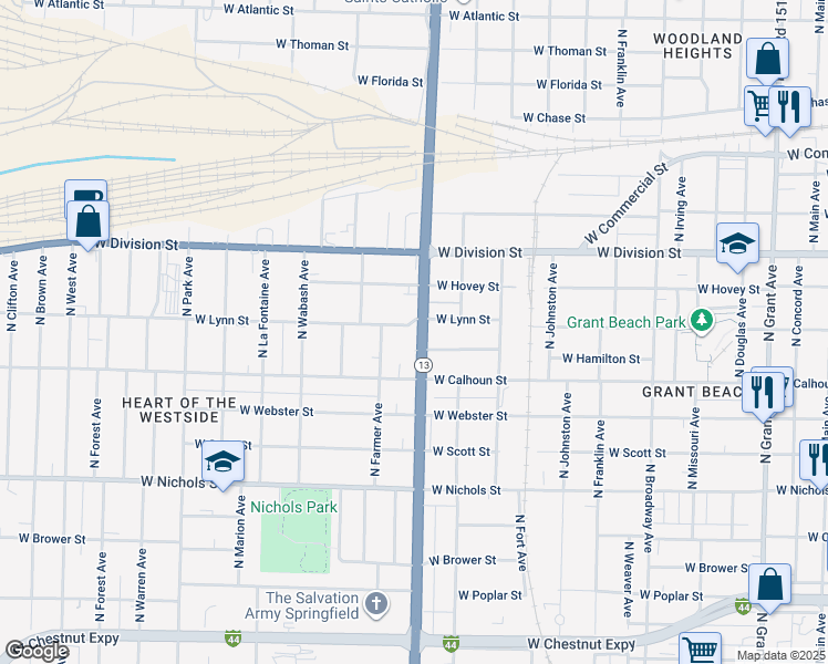 map of restaurants, bars, coffee shops, grocery stores, and more near 1602 West Lynn Street in Springfield