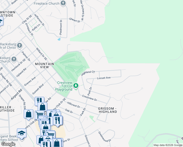 map of restaurants, bars, coffee shops, grocery stores, and more near 1105 Highland Circle in Blacksburg
