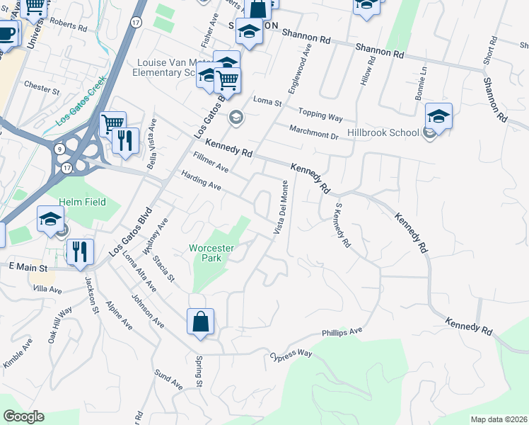 map of restaurants, bars, coffee shops, grocery stores, and more near 250 Cerro Chico in Los Gatos