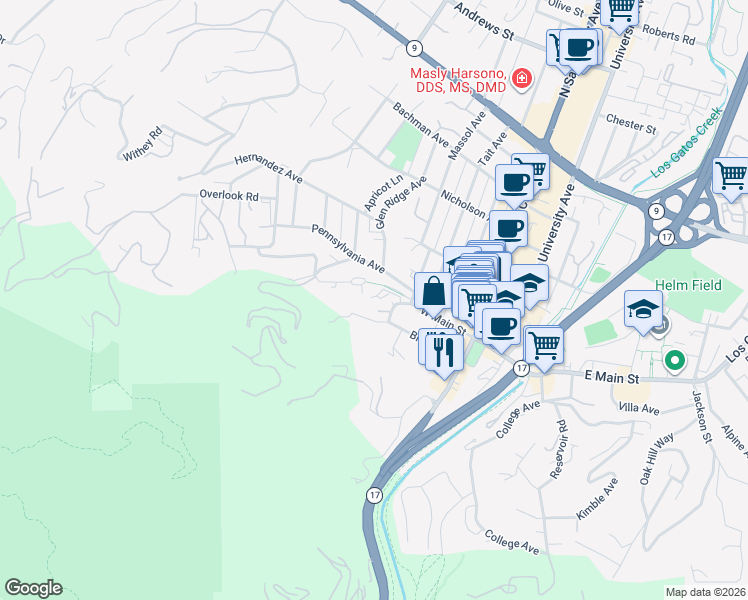 map of restaurants, bars, coffee shops, grocery stores, and more near 1 Bayview Avenue in Los Gatos