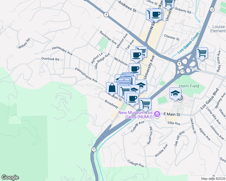 map of restaurants, bars, coffee shops, grocery stores, and more near 11 Tait Avenue in Los Gatos