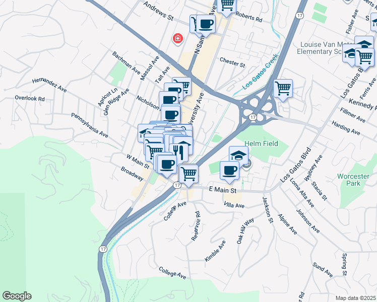 map of restaurants, bars, coffee shops, grocery stores, and more near 109 Edelen Avenue in Los Gatos