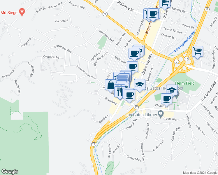 map of restaurants, bars, coffee shops, grocery stores, and more near 5 Tait Avenue in Los Gatos