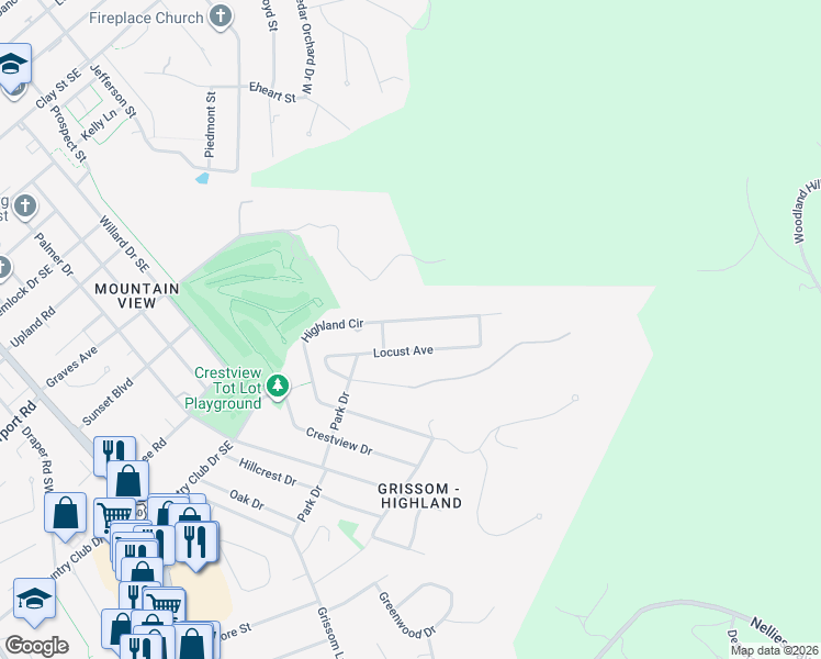 map of restaurants, bars, coffee shops, grocery stores, and more near 1013 Highland Circle in Blacksburg