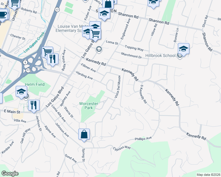 map of restaurants, bars, coffee shops, grocery stores, and more near 250 Cerro Chico in Los Gatos