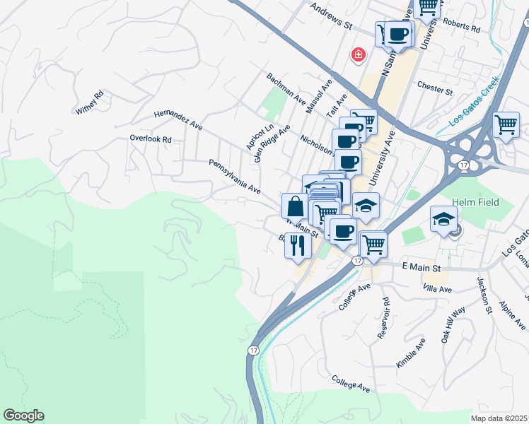 map of restaurants, bars, coffee shops, grocery stores, and more near 1 Bayview Avenue in Los Gatos