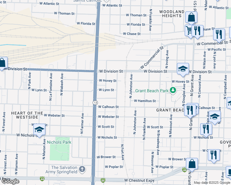map of restaurants, bars, coffee shops, grocery stores, and more near 1402 West Lynn Street in Springfield