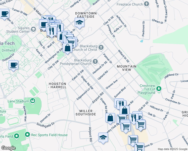 map of restaurants, bars, coffee shops, grocery stores, and more near 801 South Main Street in Blacksburg