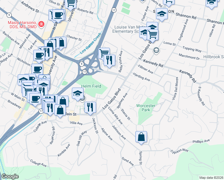 map of restaurants, bars, coffee shops, grocery stores, and more near 235 Los Gatos Boulevard in Los Gatos